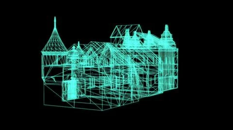3d illustration - Wire Frame Model Of medieval House  on black background - 3 Ilustración de archivo