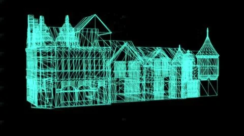 3d illustration - Wire Frame Model Of medieval House  on black background - 3 Ilustración de archivo