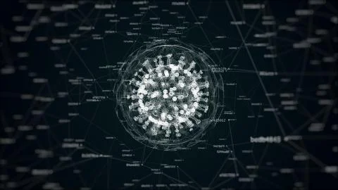 3d illustration of wireframe of coronavirus in sphere surrounded digital nois Illustrazione stock