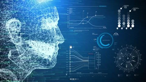 3D illustration wireframe human AI system and infographic information scann.. Stock Illustration