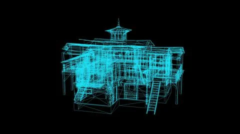 3d illustration - Wireframe Model Of Medieval House On Black Background Ilustración de archivo
