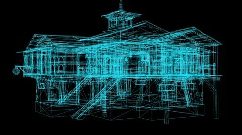 3d illustration - Wireframe Model Of Medieval House On Black Background Ilustración de archivo