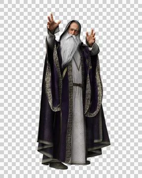 3D illustration of a wise old bearded wizard in purple costume isolated on tr Stock Illustration