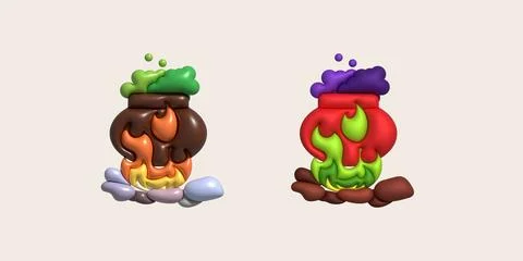 3D illustration. Witch cauldron with bubbles on fire and stone for halloween Stock Illustration
