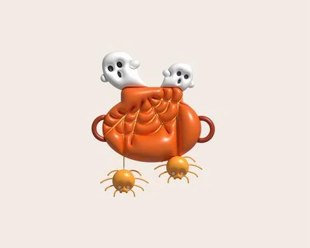 3D illustration. Witch cauldron With bubbles and cobwebs, cute little spide.. 스톡 일러스트
