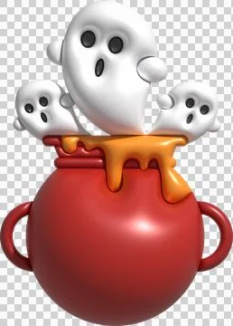 3D illustration. Witch cauldron with bubbles on fire and cute little ghosts.. Stock Illustration