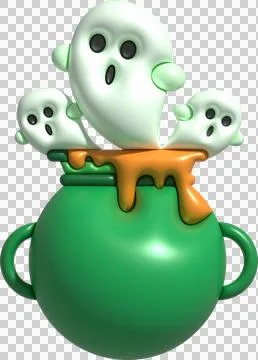 3D illustration. Witch cauldron with bubbles on fire and cute little ghosts.. Ilustração Stock