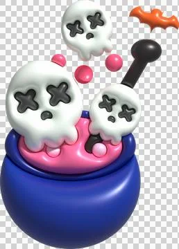3D illustration. Witch cauldron with bubbles on fire and cute little ghosts.. Ilustração Stock