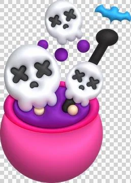 3D illustration. Witch cauldron with bubbles on fire and cute little ghosts.. Illustrazione stock