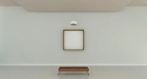 3d illustration of a wooden rectangular frame at a modern gallery mockup. 스톡 일러스트