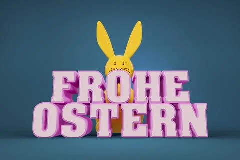 3d illustration of the words happy easter in german language with a yellow bunny Stock Illustration