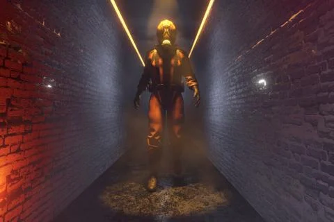 3D Illustration of a worker wearing protective suit in a dark environment Ilustración de archivo