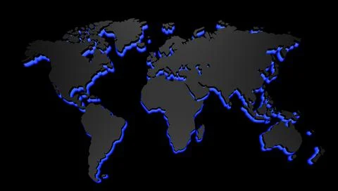 3D illustration of a world map on a black background highlighted by blue neon Stock Illustration