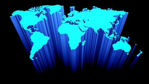 3D illustration of a world map on a black background highlighted by blue neon Illustrazione stock