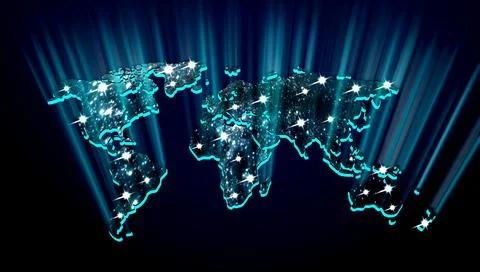 3D illustration of a world map on a black background highlighted by blue neon Stock Illustration