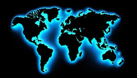 3D illustration of a world map on a black background highlighted by blue neon Stock Illustration