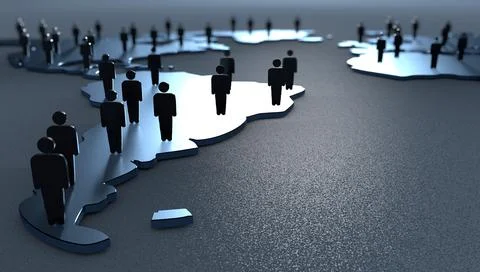 3D illustration world map with figures of people on it. Stock Illustration