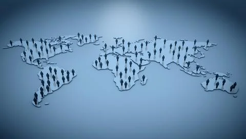 3D illustration world map with figures of people on it. Stock Illustration