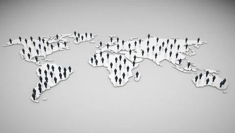 3D illustration world map with figures of people on it. 스톡 일러스트