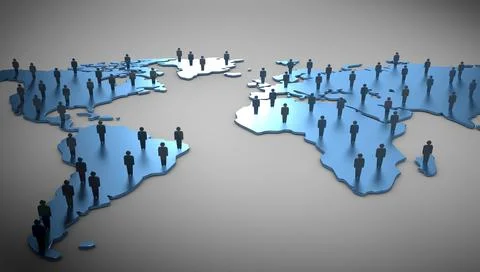 3D illustration world map with figures of people on it. 스톡 일러스트
