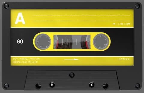 3d illustration of an yellow and black audio cassette with sticker and label Stock Illustration