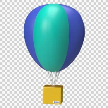 3D illustration of yellow box parcel fly with blue air balloon. Stock-Illustration