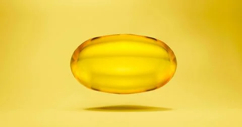 3d illustration of a yellow capsule with a small omega, floating on a yellow Stock Illustration