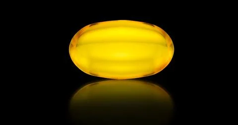 3d illustration of a yellow capsule with a small omega, lying on a black mirror Stock Illustration