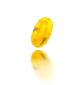 3d illustration of a yellow capsule with a small omega, lying on a white mirror Stock Illustration