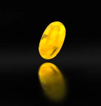 3d illustration of a yellow capsule with a small omega, lying on a black mirror Stock Illustration