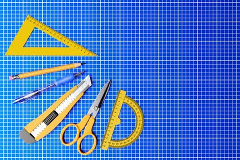 3D illustration yellow  cutter, scissors,  pencil, pen and ruller on blue bac Illustrazione stock
