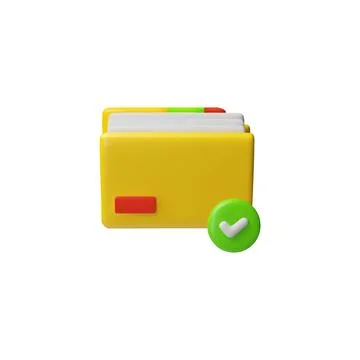 3D illustration of yellow document folder and icon, green check mark. イラスト素材