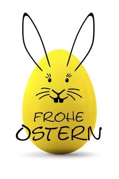 3d illustration of a yellow easter egg with a rabbit face and the text happy Stock Illustration