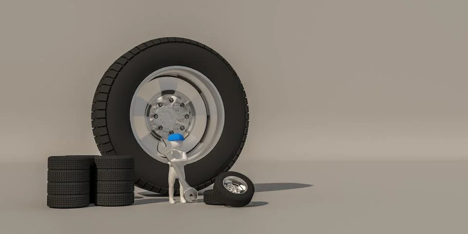 3d illustrator, 3d rendering of the white characters and wheels. Stock Illustration