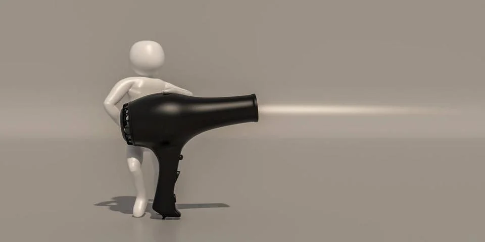 3d illustrator, 3d rendering of the White character and hair dryer. 3d ill... Stock Photos