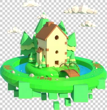 3D illustrator The big house is surrounded by water. 3d rendering Low Polygon Illustrazione stock