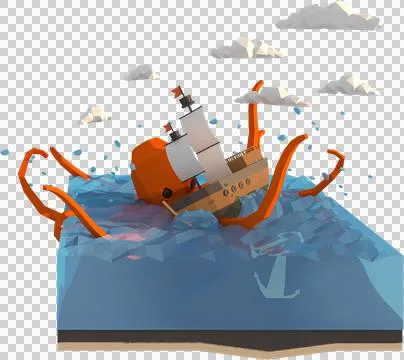 3D illustrator of giant squid attack ship. 3D rendering of a low polygon mode Stock-Illustration
