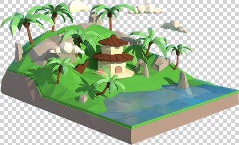 3D illustrator of house in the island. 3d rendering Low Polygon Geometry. Low Stock Illustration