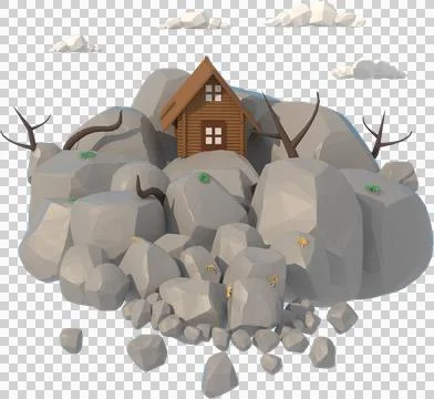 3D illustrator the house on rocky mountain. 3d rendering Low Polygon Geometry Stock-Illustration