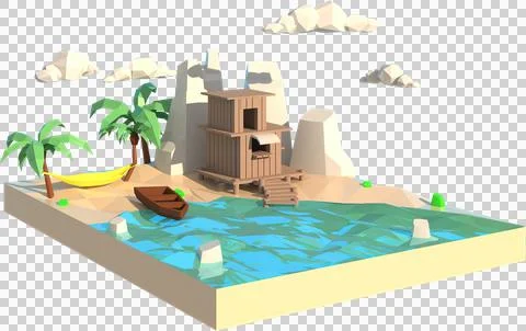 3D illustrator of house by the sea. 3d rendering Low Polygon Geometry. Lowpol Stock Illustration