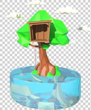3D illustrator of house on the tree. 3D rendering of a low polygon model incl Stock Illustration