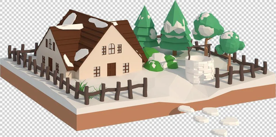 3D illustrator The house in winter. 3d rendering Low Polygon Geometry. Lowpol Stock Illustration
