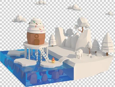 3D illustrator The house in winter. 3d rendering Low Polygon Geometry. Lowpol Stock Illustration