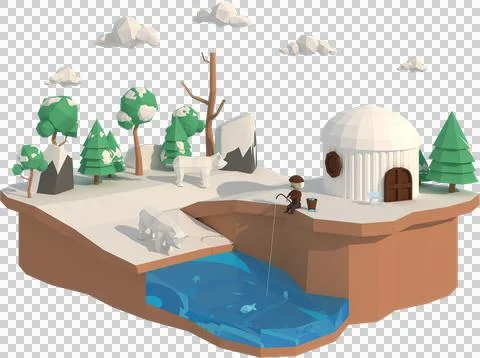 3D illustrator The house in winter. 3d rendering Low Polygon Geometry. Lowpol Illustration