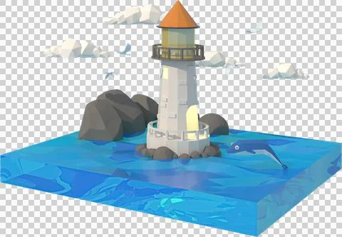 3D illustrator the lighthouse at sea. 3d rendering Low Polygon Geometry. Lowp Stock Illustration