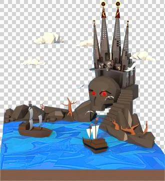 3D illustrator of pirate castle. 3D rendering of a low polygon model includin 스톡 일러스트