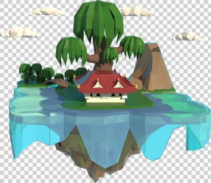 3D illustrator small house by the river. 3d rendering Low Polygon Geometry. L 스톡 일러스트