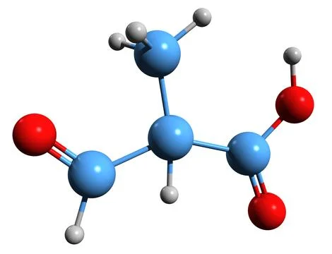 3D image of 2-Methyl-3-oxopropanoic acid skeletal formula Stock Illustration