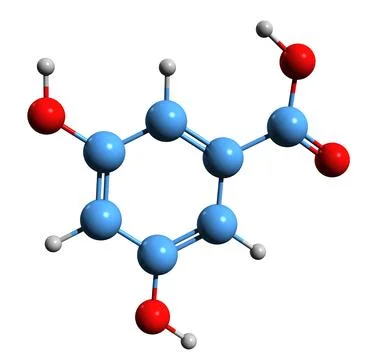 3D image of 3,5-Dihydroxybenzoic acid skeletal formula Stock Illustration