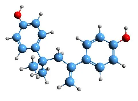 3D image of 4-Methyl-2,4-bis(4-hydroxyphenyl)pent-1-ene skeletal formula Illustrazione stock